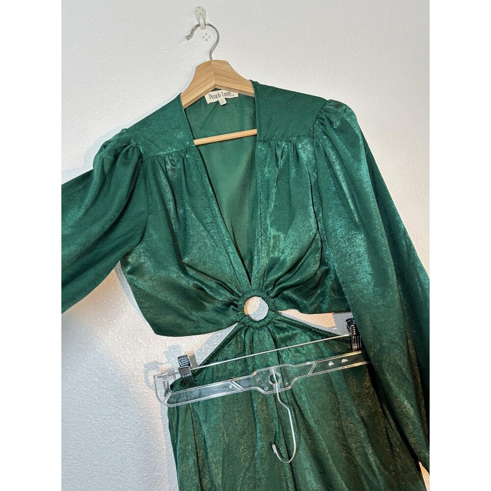 Peach Love California Dress Womens M Green Satin Cutout Ring Maxi Gown Fairy - Picture 13 of 16